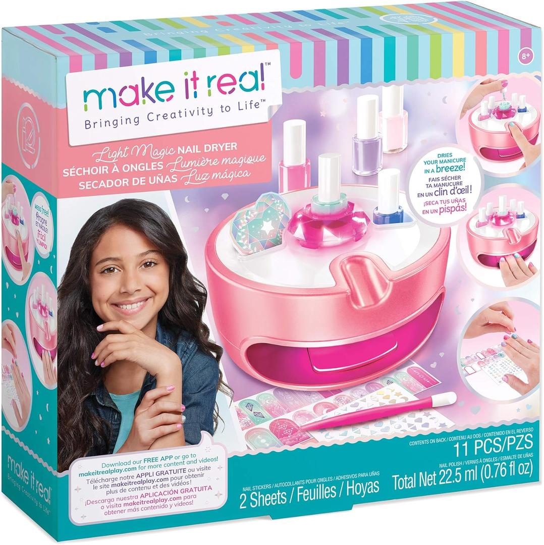 Light Magic Nail Dryer & Polish Set for Girls & Teens - 5 Vibrant Nail Colors, Art Stickers, Nail File, Cuticle Pusher & Dryer - Water-Based, Non-Toxic Polish Perfect Spa Day Manicures Make it Real