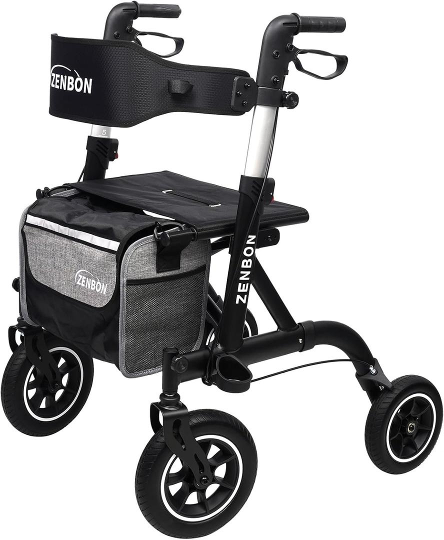 Rollator Walker for Seniors/Adults Foldable Rolling Walker with Seat 330 lbs Capacity 10 inch Wheels Hand Grips Adjustable Height Lightweight Aluminum Walker Removable Back Support 7210(Black)