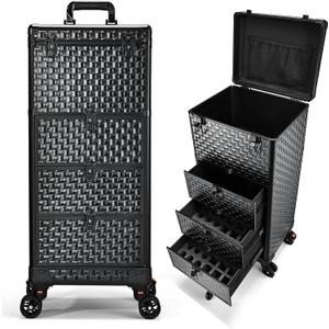 Salon Cart with 3 Drawers, Nail Trolley Cart with Wheels Salon Station Rolling Makeup Train Case Cosmetology Case Organizer Cases for Nail Tech,SPA,Face Painting,Hairstylist,Makeup Artist (Black)