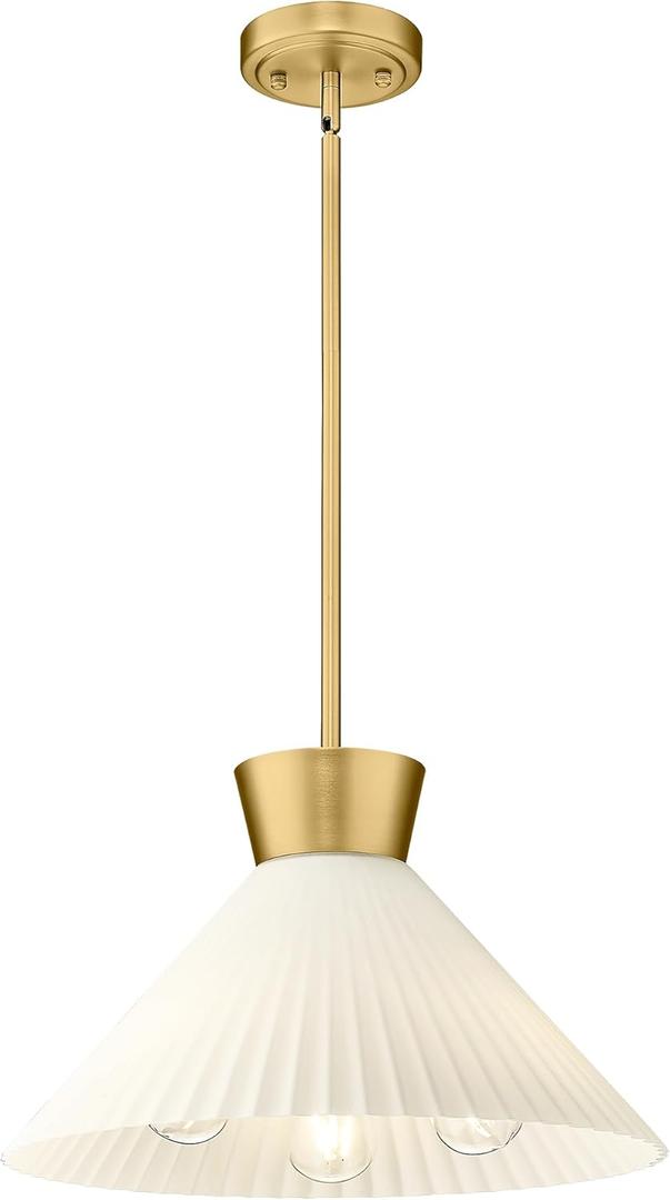 Modern Pendant Light White and Gold, HWH Large Kitchen Island Light Fixtures 16 Inch, 3-Light Hanging Lighting for Dinning Room Schoolhouse, Frosted Striped Glass Shade, 5HZG98MIL-M BG