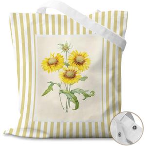 Yellow Striped Sunflower Canvas Tote Bag for Books, Travel & Daily Use, Magnetic Buckle, 16x14 Inch