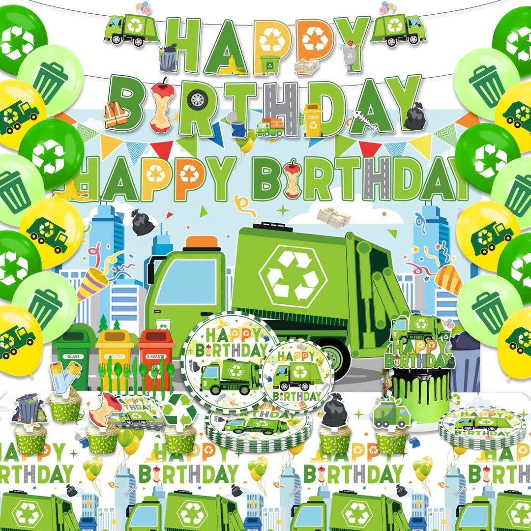 Trash Truck Birthday DecorationsGarbage Truck Birthday DecorationsGarbage Truck Party SuppliesInclude Balloons,Backdrop,Banner, Cake ToppersPlatesTableware, Tablecloth