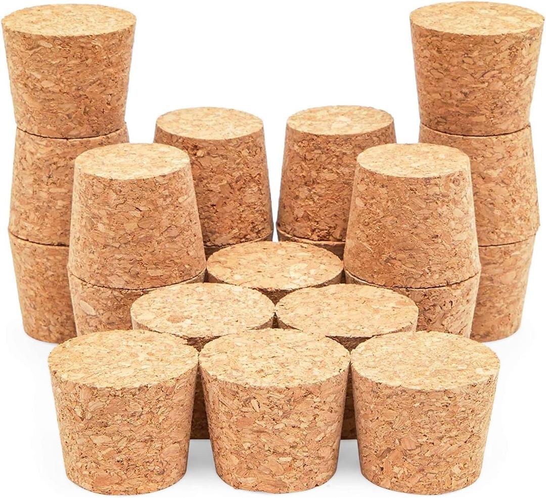 Juvale Tapered Cork Stoppers - 20 Pack Size 16, Brown, 1.1 in H x 1.34 in Top x 1 in Bottom - Wine Bottle Stoppers, DIY Projects & Beer Bottle Corks