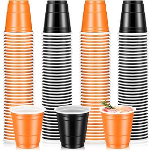 Sliner 200 Pcs Halloween Plastic Shot Cups 2 oz Mini Shot Glasses Small Disposable Glasses for Halloween Birthday Wedding Anniversary Party Supply(Orange, Black)