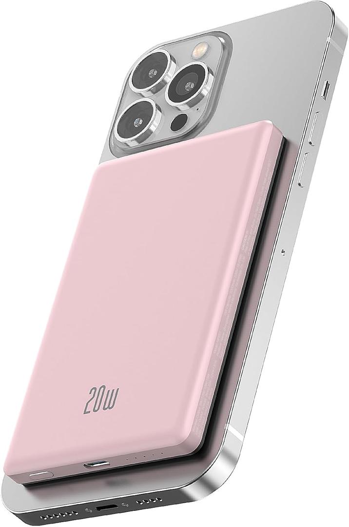 for Magsafe Battery Pack, Ultra Slim Wireless Portable Charger 5000mAh, 20W PD Magnetic Power Bank Fast Charging USB C in&Out Powerbank for iPhone 16/15/14/13/12 Mini Plus Pro Max,Pink