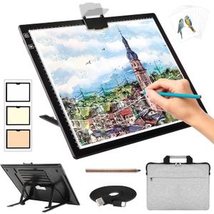 Rechargeable A3 Light Pad for Diamond Painting with Padded Case,Light Board with Stand,3 Colors Stepless Dimmable and 6 Levels of Brightness Light Box for tracing,Drawing,Sketching,Animation