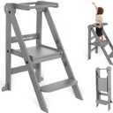 Foldable Toddler Tower, 3 Adjustable Height Toddler Standing Tower, Wooden Kids Kitchen Stool Helper with Safety Rails, Space Saving Kids Step Stool - Ages 18 Months to 6 Years (Gray)