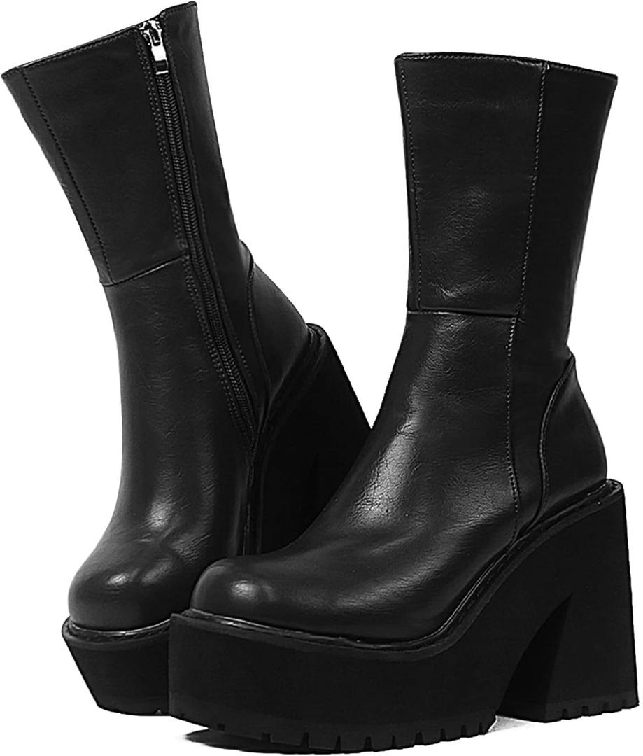 AMINUGAL Womens Wedge Heel Ankle Boots Platform Zipper Punk Motorcycle Booties Chunky Block High Heel Round Toe Fashion Work Combat Boots Mid Calf For Women (9, A-black Prime)