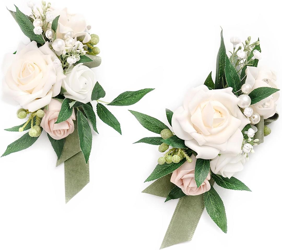 Ling's Moment 2Pcs Wedding Shoulder Corsage Artificial Flowers, Girl/Mother Homecoming/Prom Corsages Wristlet Decor, White Ivory Greenery