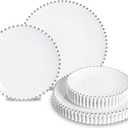 HOMIP 50Pcs Fancy Disposable Dinnerware Party Set, Elegant Plates Include 25Pcs Dinner Plate 10", 25Pcs Dessert Plate 7" with Silver Bead Rimed,Plastic Silverware for Wedding Birthday Party (White with Sliver)