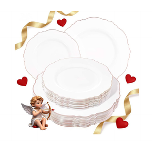 WDF 60pcs Rose Gold Plastic Plates-Baroque White &Rose Gold Disposable Plates including 30Plastic Dinner Plates 10.25inch, 30 Salad Plates 7.5inch for Wedding, Parties, Valentines Day
