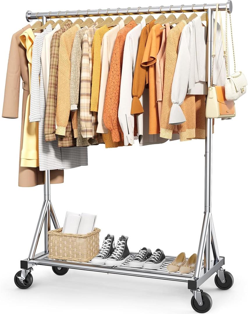 Heavy-Duty Clothes Rack, Stainless Steel Garment Stand with Mesh Shelf, Lockable Wheels & Anti-Slip Stoppers, Rolling Clothing Rack for Bedroom Storage, 42.5" x 16.5" x 65.9", Silver