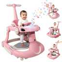 Baby Walker, 4-in-1 Baby Walker with Wheels Portable, Foldable Infant Toddler Walker for Boys Girls 6-18 Month, Removable Footrest, Car Steering Wheel & Music, Adjustable Push Walker Pink