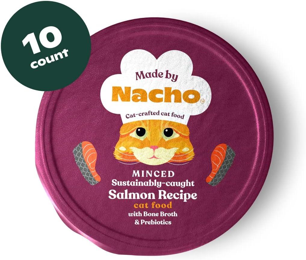 Made by Nacho Wet Cat Food, Sustainably-Caught Minced Salmon in Bone Broth for Hydration, Digestive Health, High Protein, 2.5 Ounce Cups (10 Pack) (EXP 07/12/26)