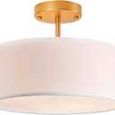 Bargeni Semi Flush Mount Ceiling Light,13 inch Drum Ceiling Light Fixture,Gold Light Fixtures Ceiling Mount with White Fabric Shade, 3-Light Modern Ceiling Light for Bedroom,Living Room and Kitchen