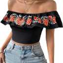 MakeMeChic Women's Floral Embroidered Off Shoulder Ruffle Trim Crop Top Blouse Shirt (Black)