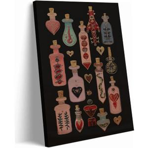 Gothic Witchy Canvas Wall Art Occult Heart Potion Bottles Picture Wall Decor Dark Academia Decor Pink Magic Maximalist Poster Tarot Aesthetic Painting Print Artwork for Living Room Bedroom Room Decor
