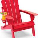 GREENVINES Folding-Adirondack-Chair | HDPE Plastic | Fire Pit Chairs | All Weather | Cup Holder | Red | for Deck Backyard Patio Outdoor Garden (RED)