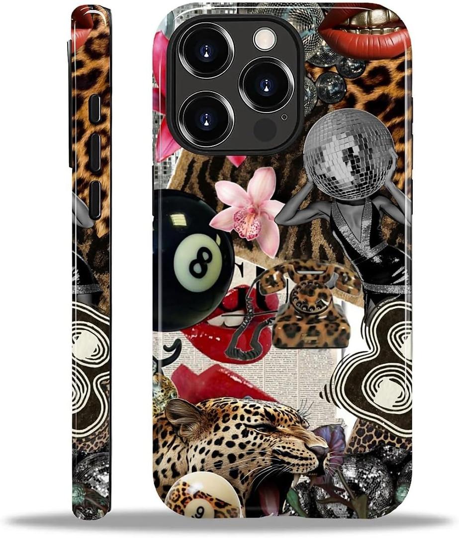 Compatible with iPhone 12 Pro Max Case - Dual-Layer Protection, Hard Shell with Silicone Interior,Slim Scratch Resistant Shockproof for Woman Men - Leopard Print Retro Collage