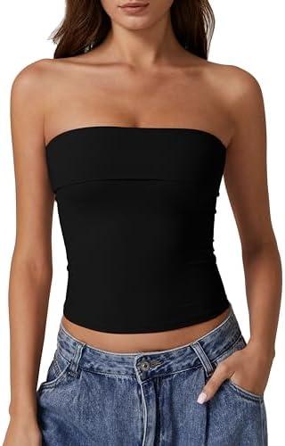 QINSEN Women's Tube Tops Strapless Bandeau Tops Double Lined Slim Fit Summer Going Out Tank Tops, Large
