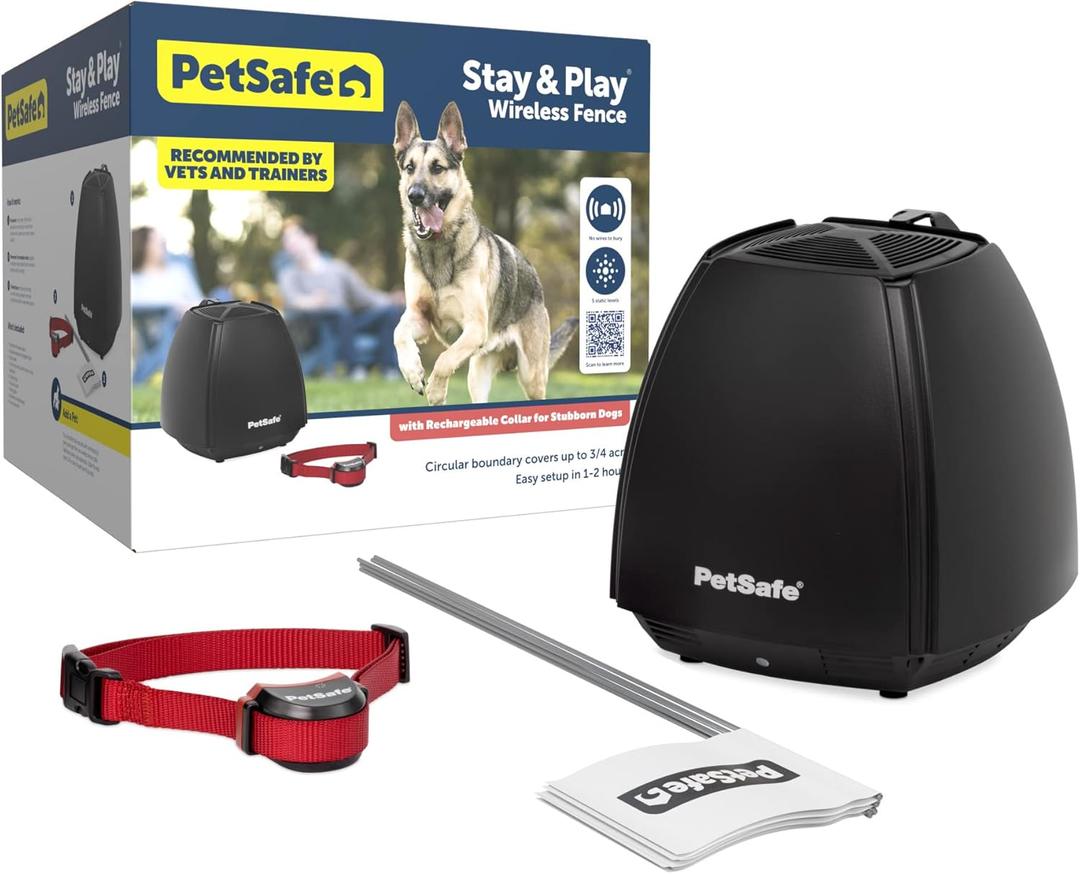 PetSafe Stay & Play Wireless Pet Fence for Stubborn Dogs - No Dig, Circular Boundary, Secure 3/4-Acre Yard, for Dogs 5lbs+, America's Safest Wireless Pet Containment System, Electric Fence