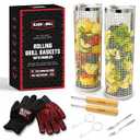 BLAZIN' GRILL Rolling Grill Basket with Removable Handle | 2 x Grilling Basket & Smoker Accessories | Grill Baskets for Outdoor Grill with BBQ Gloves | Barbecue Grill Baskets for Vegetables, Seafood & Meat