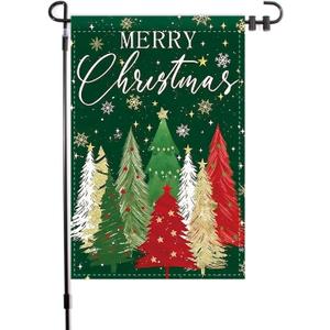 Merry Christmas Garden Flag Red Green Xmas Trees Snowflakes Patterns Yard Flag 12x18 Inch Garden Decorative Sign with Double-Sided Printing for Home Outside Yard Welcome Sign