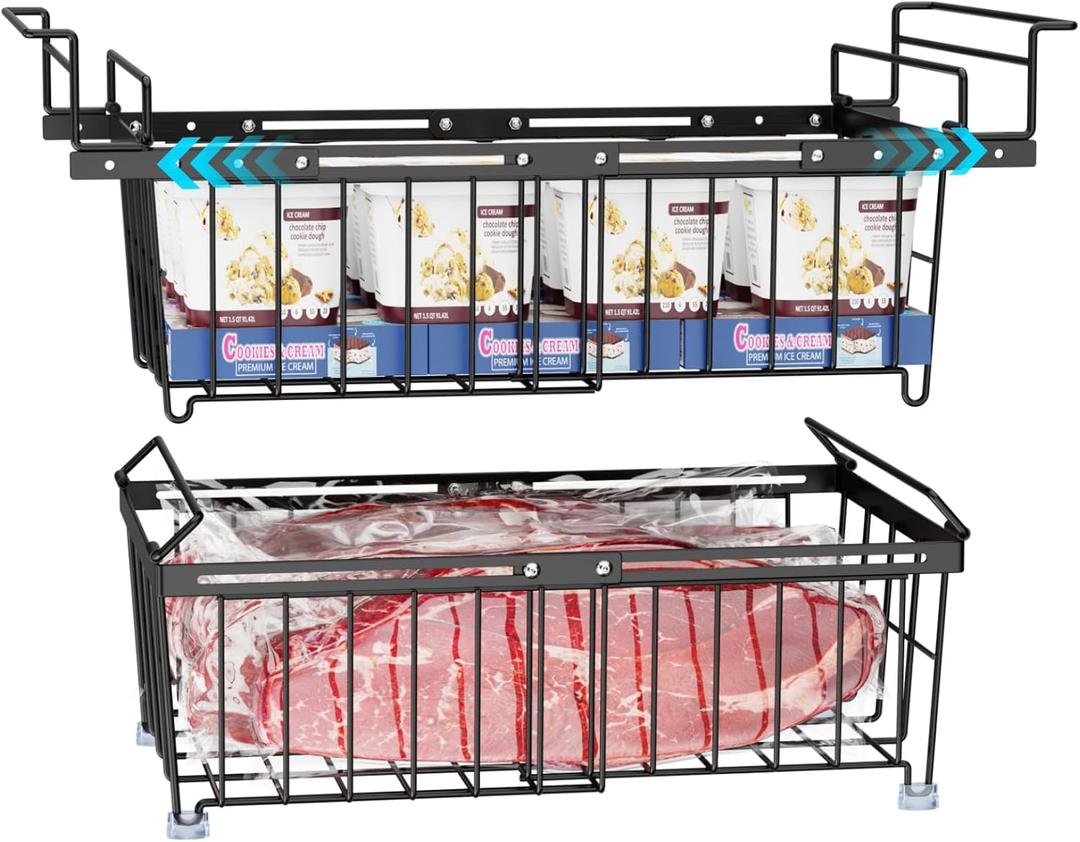 iSPECLE Freezer Organizer Bins - 1 Pcs Large Stackable Baskets & 1 Pcs Hanging Deep Freezer Organizer Bins for 10 to 20 Cu.Ft Chest Freezer Easily Gets Bottom Food, Expandable Adds Space, Black