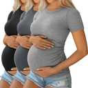 Ficerd 3 Pack Maternity Shirts for Women, Cotton Ribbed Pregnancy Tops Short Sleeve Side Ruched Summer Casual Mama Clothes (M)