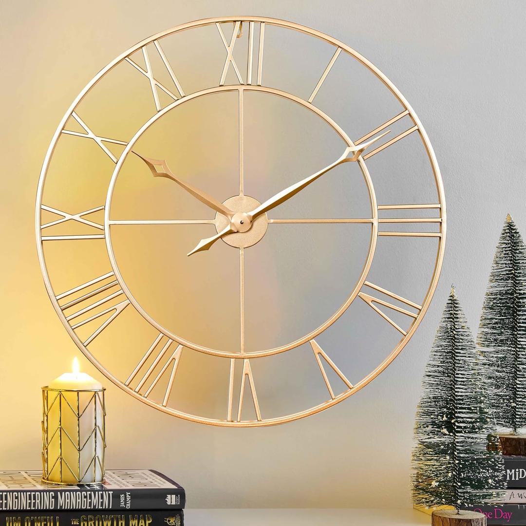 CLXEAST 30 Inch Wall Clock,Large Champagne Gold Metal Roman Numeral Wall Clock, Modern Wall Clocks for Living Room Decor,House Warming Gifts New Home