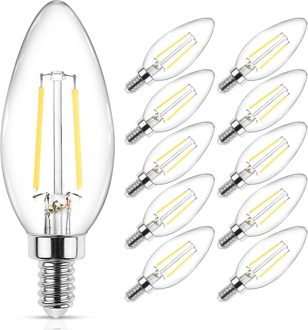 Ascher Classic E12 LED Candelabra Light Bulb 4W, Equivalent 40W, Daylight White 5000K, Non-Dimmable, Filament Clear Glass, Pack of 10