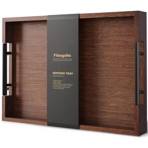 Bamboo Serving Tray with Metal Handles,17x12in Ottoman Decorative Trays Platter for Coffee Table, Living Room, Bar, Party, Large(Brown)