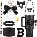 7Pcs Black Stanley Cup Accessories for 40Oz 30Oz 20Oz, Women Teen Girls Gifts, Stanley Tumbler Cup Decoration with Straw Topper, Bow Charm, Silicone Boot, Handle Strap, Letter Sticker B