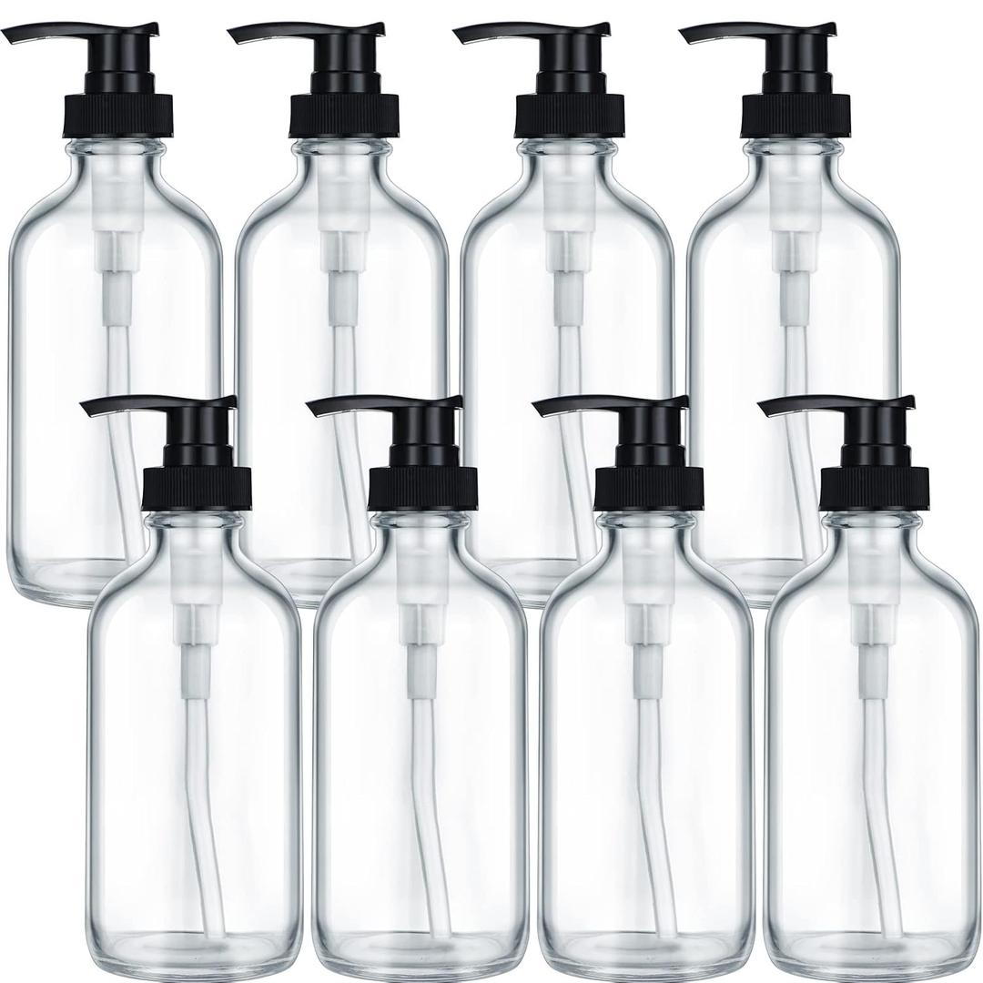 8 Pack Glass Pump Bottles with Black Lotion Pumps 8 oz Refillable Pump Bottles Dispenser Thick Glass Lotion Soap Shampoo Massage Oil Containers Multipurpose for Salon Cosmetic Kitchen Bathroom(Clear)