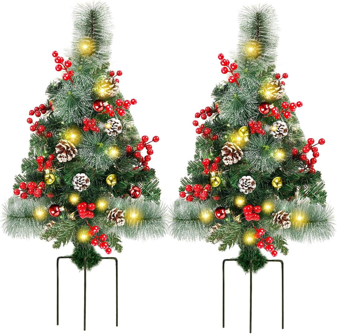 Juegoal 2 Pack 30 Inch Pre-Lit Pathway Christmas Trees, Artificial Christmas Urn Filler with 60 LED Lights, Red Berries, Pine Cones & Balls Ornaments, Battery Operated Holiday Decor for Driveway, Yard, Golden Red 