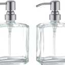 Square Clear Glass Dish Soap Dispenser Set 2 Pack, Refillable Hand Soap Dispenser with Rust Proof Stainless Steel Pump 2 x 13.5 oz Lotion Dispenser for Bathroom Vanity Kitchen (Brushed Nickel)