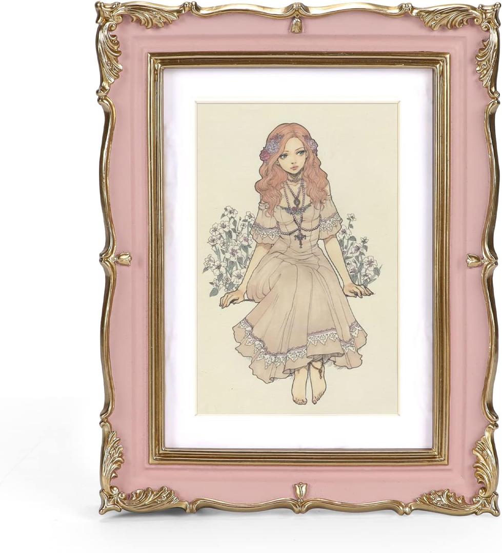PHAREGE Vintage Picture Frame 5x7 Pink Gold, 5 by 7 Ornate Decorative Antique Frame with Mat for 4x6 Photo, Fancy Matted Frame for Desktop or Wall, Horizontal or Vertical