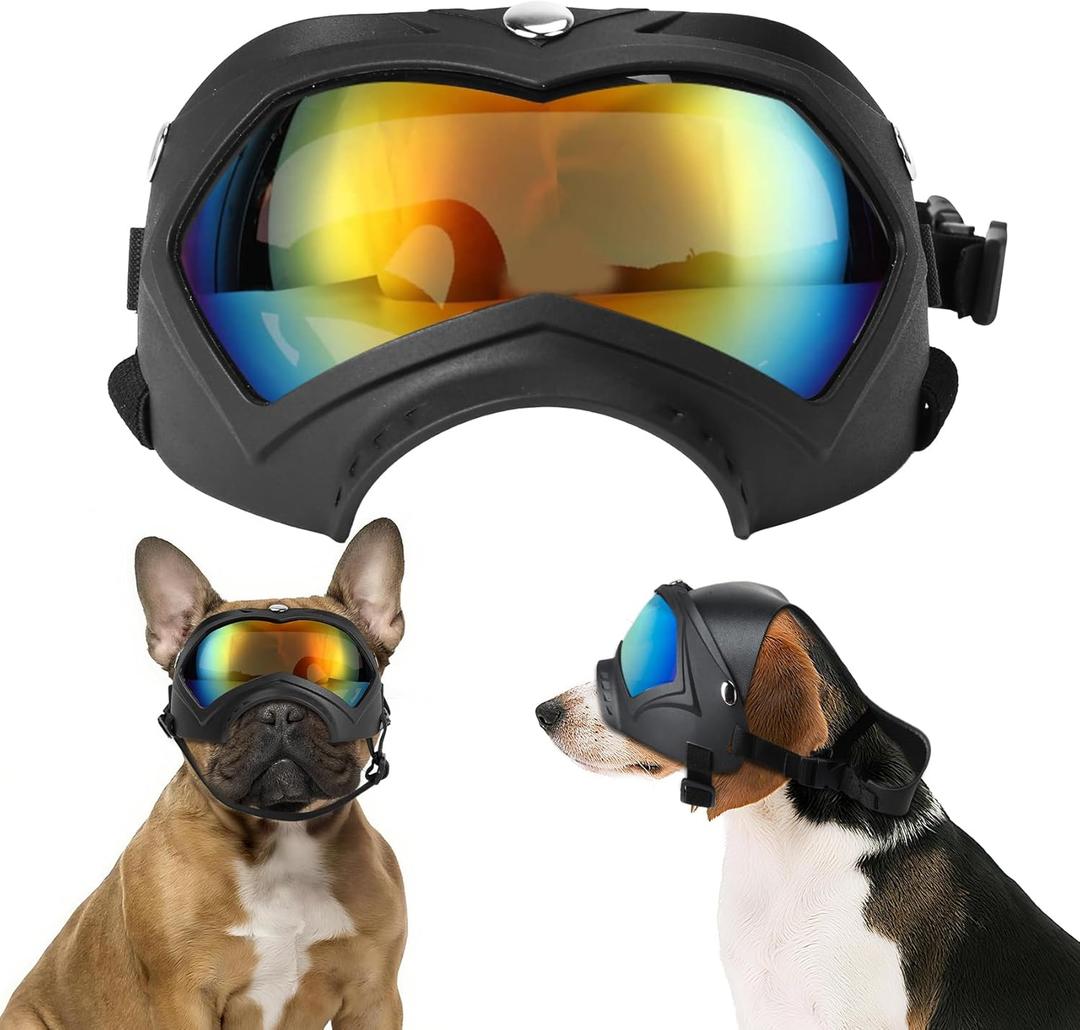 Dog Goggles,UV Protection Dog Sunglasses for Medium Breed,Dogs Eye Protection with Adjustable Strap and Detachable PU Leather Hat (Colorful Glass)