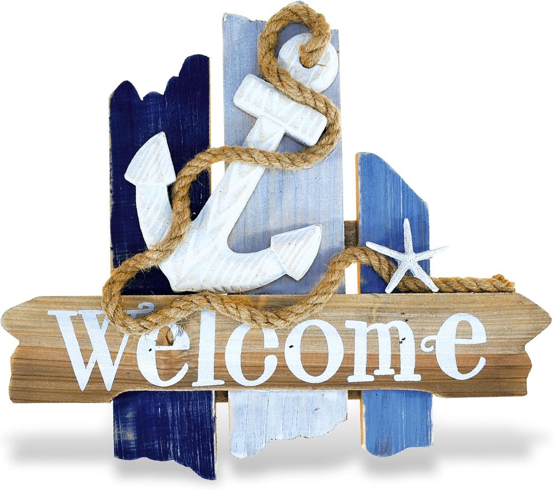 CoTa Global Atlantic Anchor Welcome Nautical Decor Sign - Nautical Themed Wood Sign, Beach Decor for Wall, Novelty White and Blue Starfish and Anchor Wooden Figure, Coastal Wall Decor Sign Accent