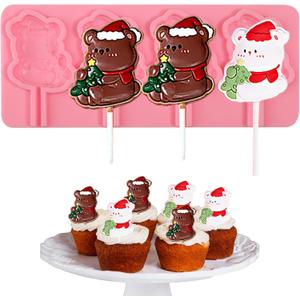 3 x 1 Pcs Christmas Bear Chocolate Silicone Mold, Cute Bear Lollipop Fondant Mold, for Christmas Party Cake Decoration, Biscuit Candy Flower Paste Chewing Gum Resistant to High and Low Temperature
