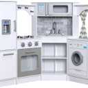 KidKraft Ultimate Corner Wooden Play Kitchen with Lights & Sounds, Play Phone and Curtains, White