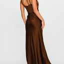 Summer Satin Braided Spaghetti Strap V Neck Maxi Dress for Women Elegant Silk Sleeveless Backless Midi Prom Dress (Brown, XL)