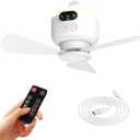 Portable Camping Fan, 10.6 Inch Tent Ceiling Fan,Rechargeable 8000mAh with Light & Hook,Timable & Auto Shut Off,Detachable Fan Blade, Used for Tent Canopy RV Porch Beach Bedroom, White 