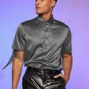 WDIRARA Men's Button Front Short Sleeve Fringe Trim Party Shirt Collar Club Tops (Gray, XL)