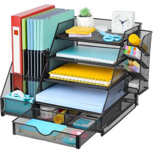 GALASALA Mesh Desk Organizer, 5 Tier Paper Letter Tray with Extra Vertical File Sorter, Sliding Drawer and Pen Holders for Desk Accessories Office Supplies, Black