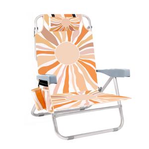 Backpack Beach Chair for Adults with Cooler&Cup Holder, 5-Position Folding Low Beach Chair with Towel Bar & Storage Pouch, Portable Lay Flat Reclining Beach Lounger for Camping, Lawn, Travel, Festival