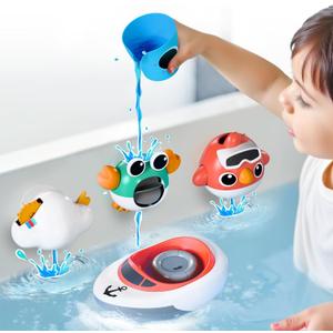iPlay, iLearn Baby Bath Toy for Toddlers 1-3, Kids Bathtub Water Toy Set 6 8 9 12 Month W/ Shower Cup, Crab, Bird, Cloud & Wind Up Boat, Infant Fun Summer Pool Birthday Gift 2 3 4 Year Old Boys Girls