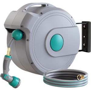 Retractable Garden Hose Reel 100 ft x 1/2" | Any Length Lock & 180Swivel | All-weather Garden Hose Reel Wall Mount for Outside, Retractable Hose with 10-Pattern Nozzle for Cleaning, Watering