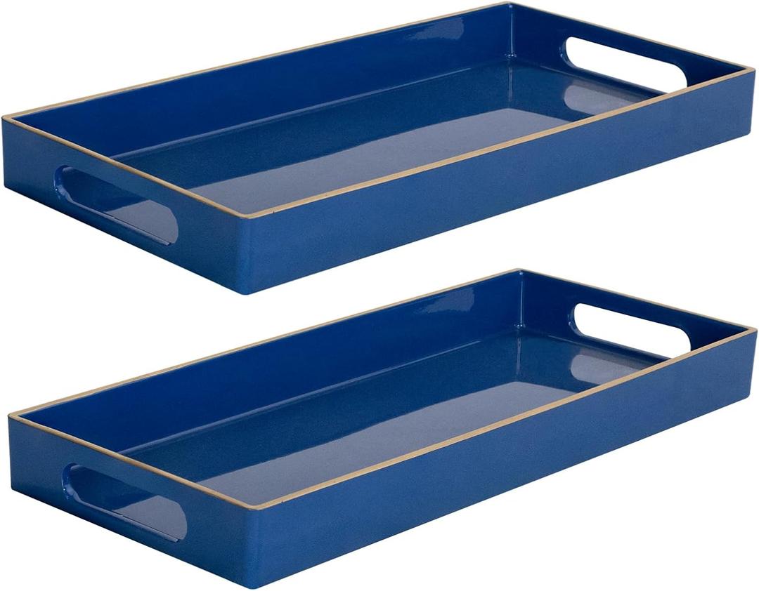 MAONAME Royal Blue Vanity Tray Set of 2, Plastic Decorative Tray with Handles, Long Narrow Trays, Rectangular Bathroom Trays for Toilet Tank, 13.8" X 6" X 1.57"