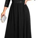 Womens Plus Size Formal Dresses - V Neck 3/4 Sleeve Sequin Prom Evening Gowns Long Maxi Dress (Black), 14 Plus 
